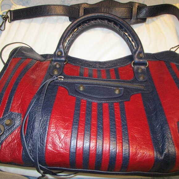 Balenciaga Classic City Marine/ Bordeaux Stripe Medium Satchel Handbag - Picture 1 of 7
